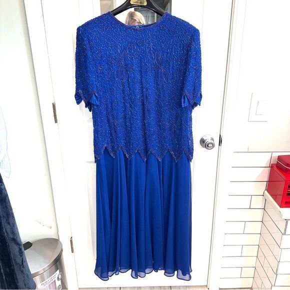 BRILLIANTE by J.A. Vintage Short sleeve cobalt blue formal gown with beading- 1X - Picture 2 of 15